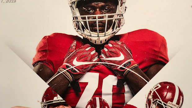 Alex Leatherwood, Jedrick Wills Jr., Matt Womack, Miller Forristall, New Mexico State game program, Sept. 7. 2019